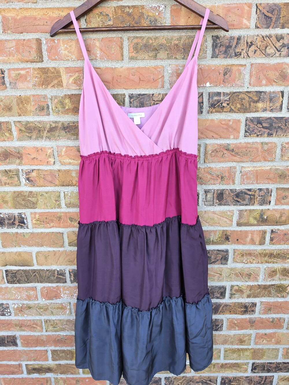 Garnet Hill 100% Silk Colorblock Tiered Midi Dress Pink Purple Blue Size 10